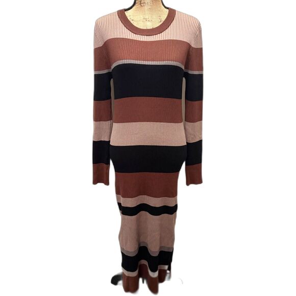 NWT Evereve Hallie Variegated Stripe Dress Brown Black Stripe Midi Size Small - Picture 2 of 8